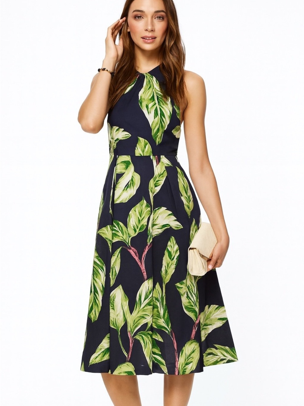 Ann Taylor Amalfi Tropical Palm Leaf Halter Fit and Flare Dress Blue Green 8P